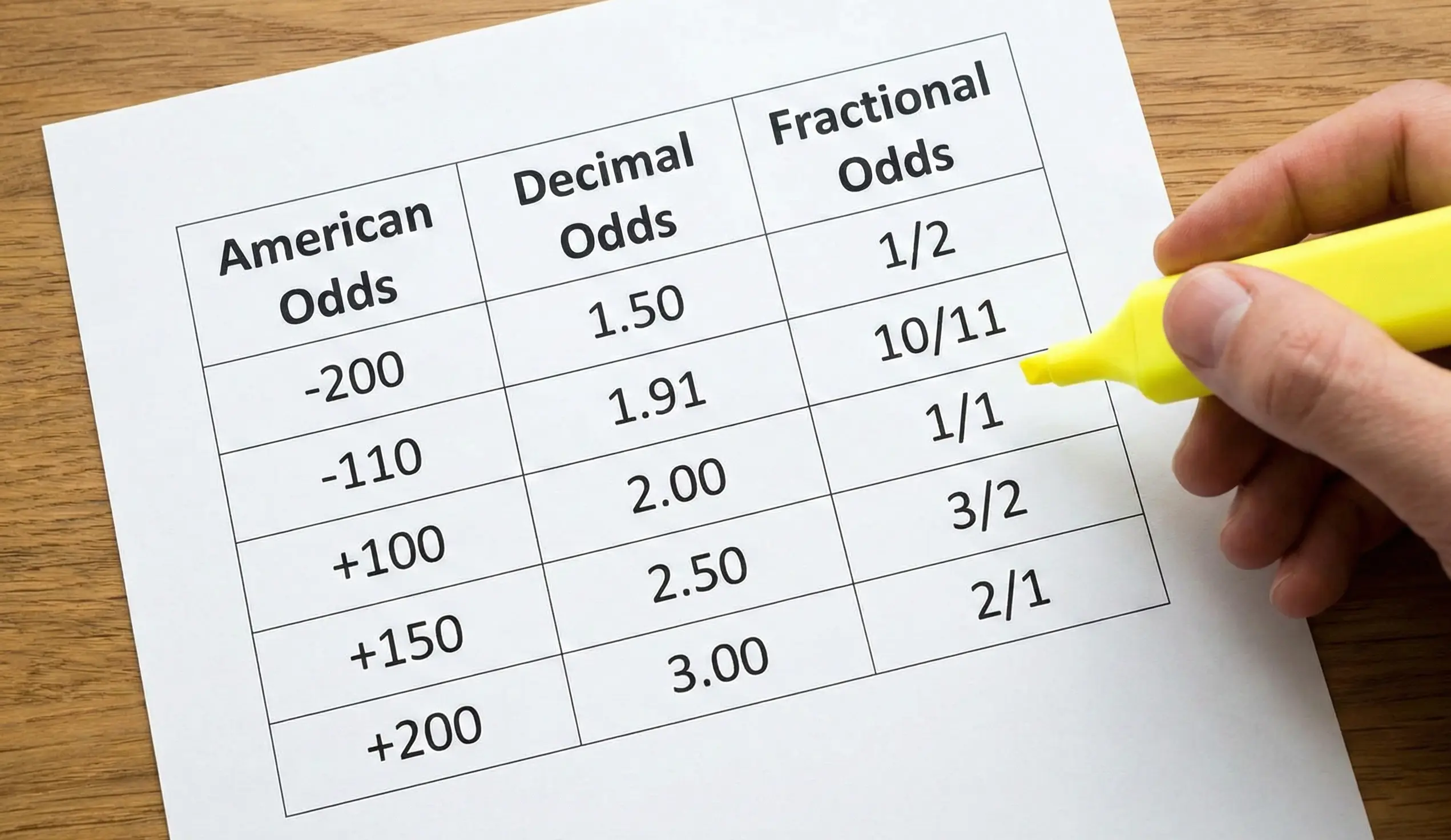 Clean comparison table showing the same odds expressed in American, decimal, and fractional formats