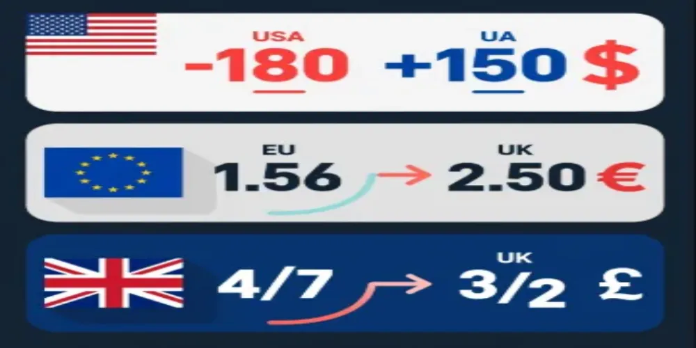Three-panel comparison showing American, decimal, and fractional betting odds formats with conversion examples