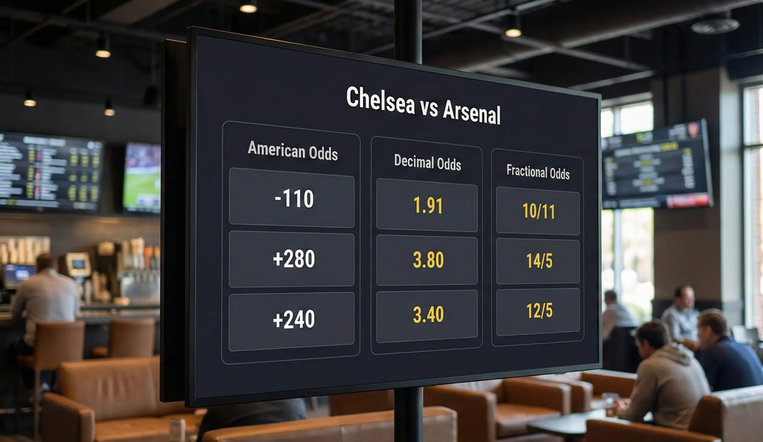 Digital screen showing football betting odds in multiple formats side by side