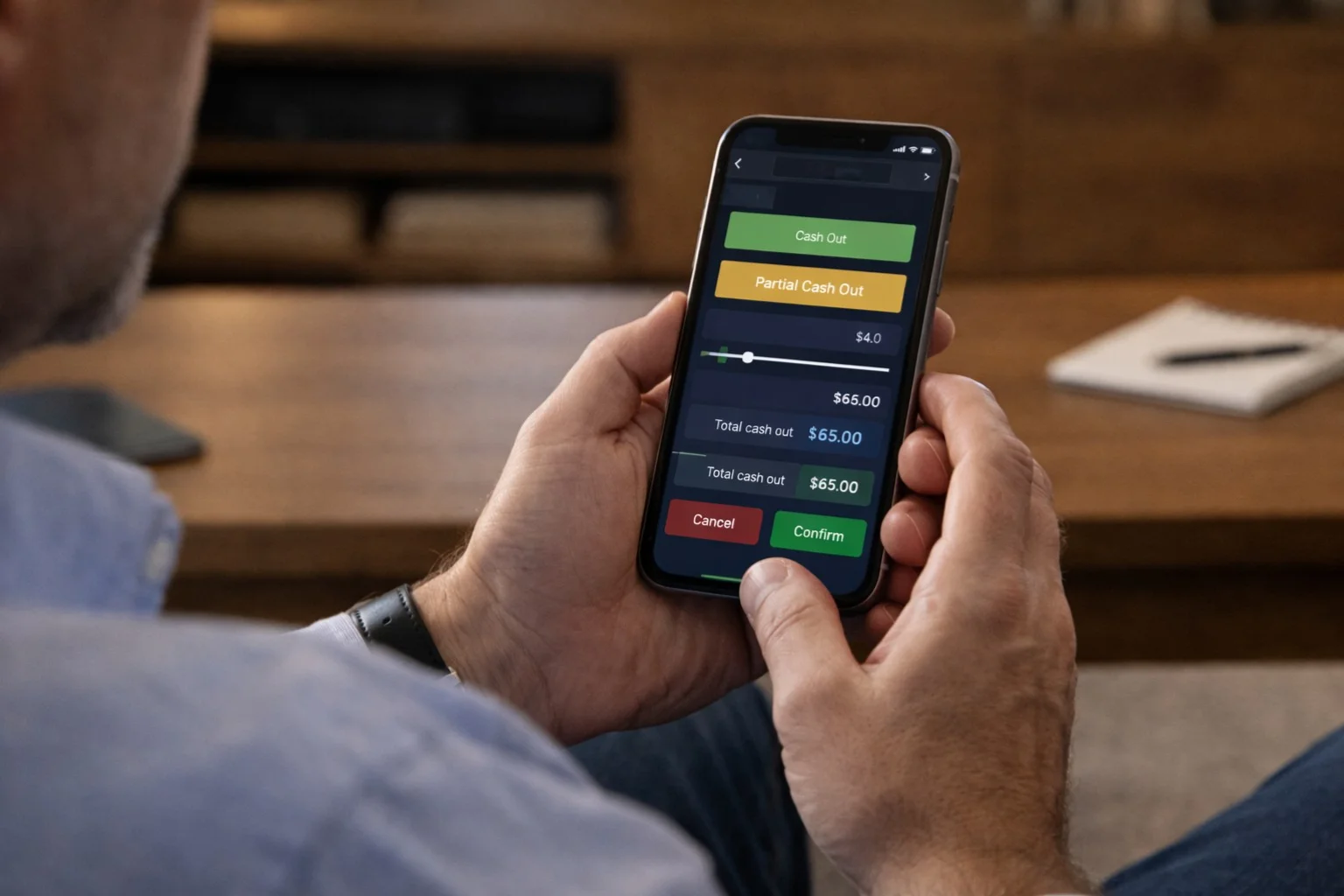 Person using a smartphone app with financial decision interface visible on screen