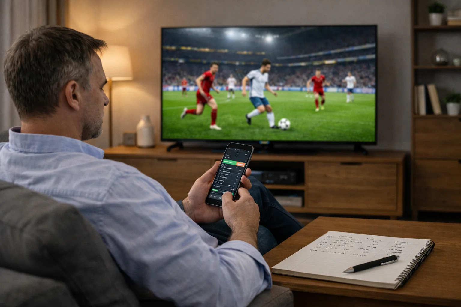 Person watching football match on television while checking phone