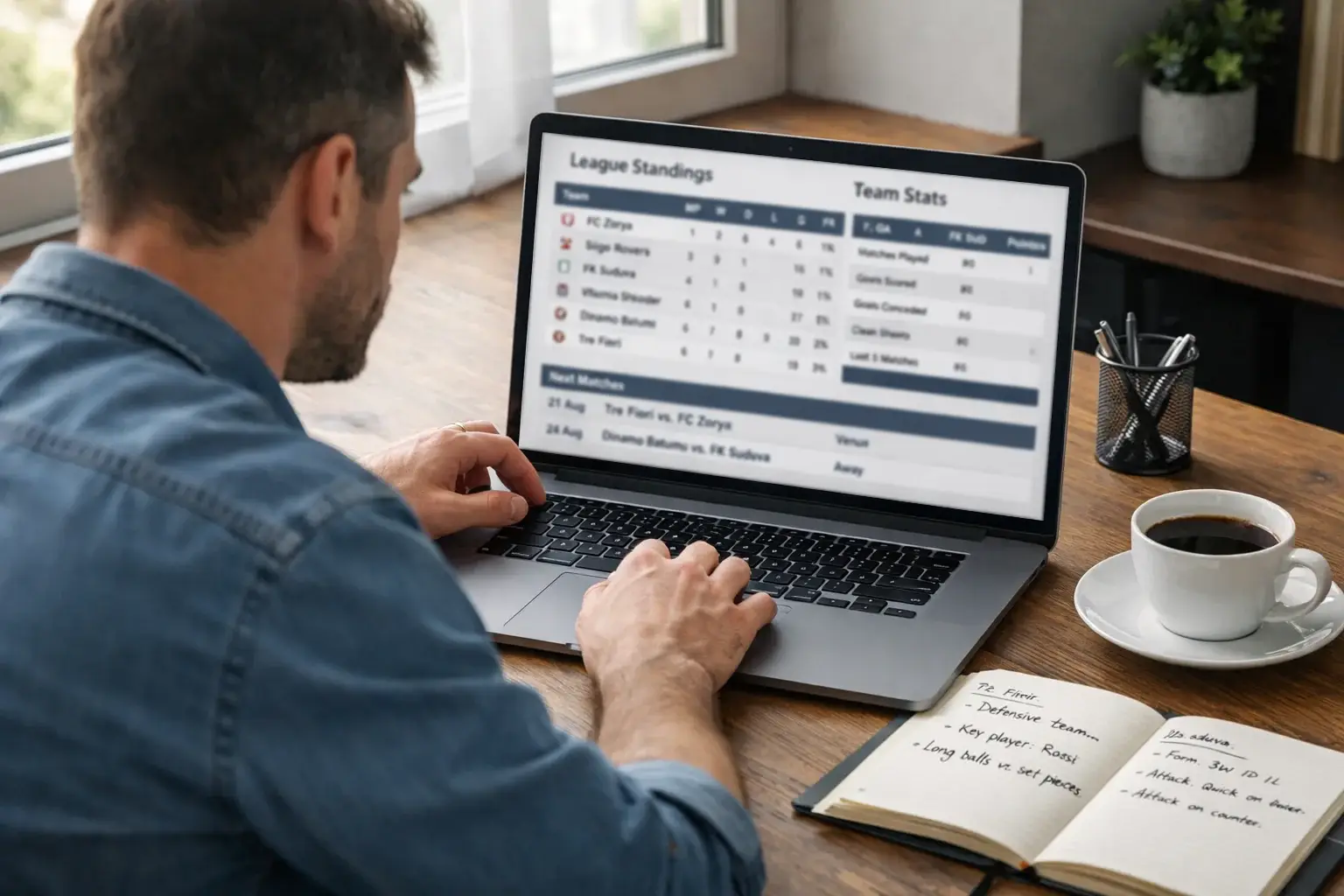 Person researching football statistics on a laptop with notes and data visible