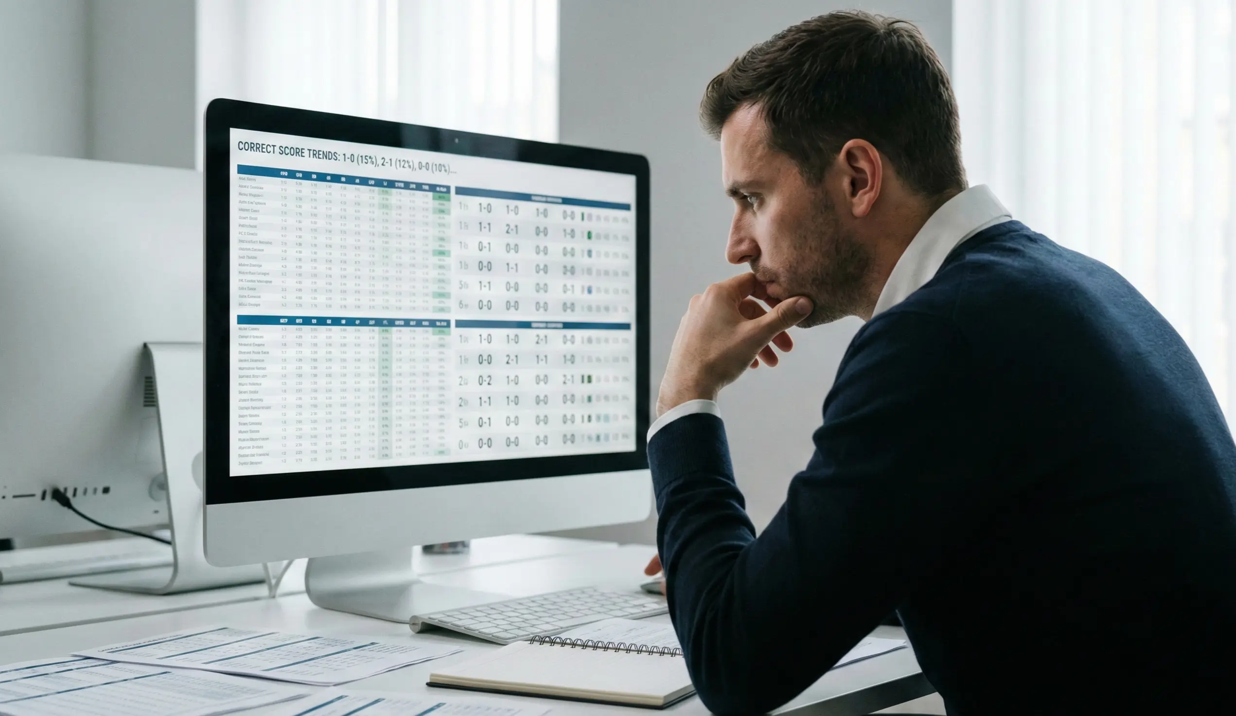 Football analyst studying match statistics and score patterns on a computer screen