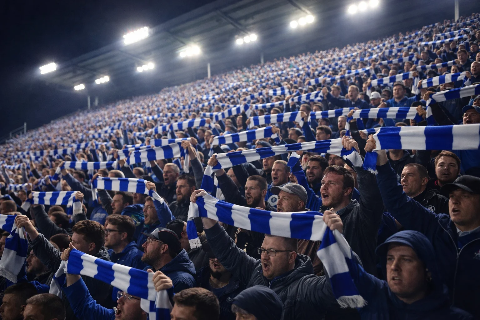 Football fans in the stands creating an intense atmosphere with scarves raised