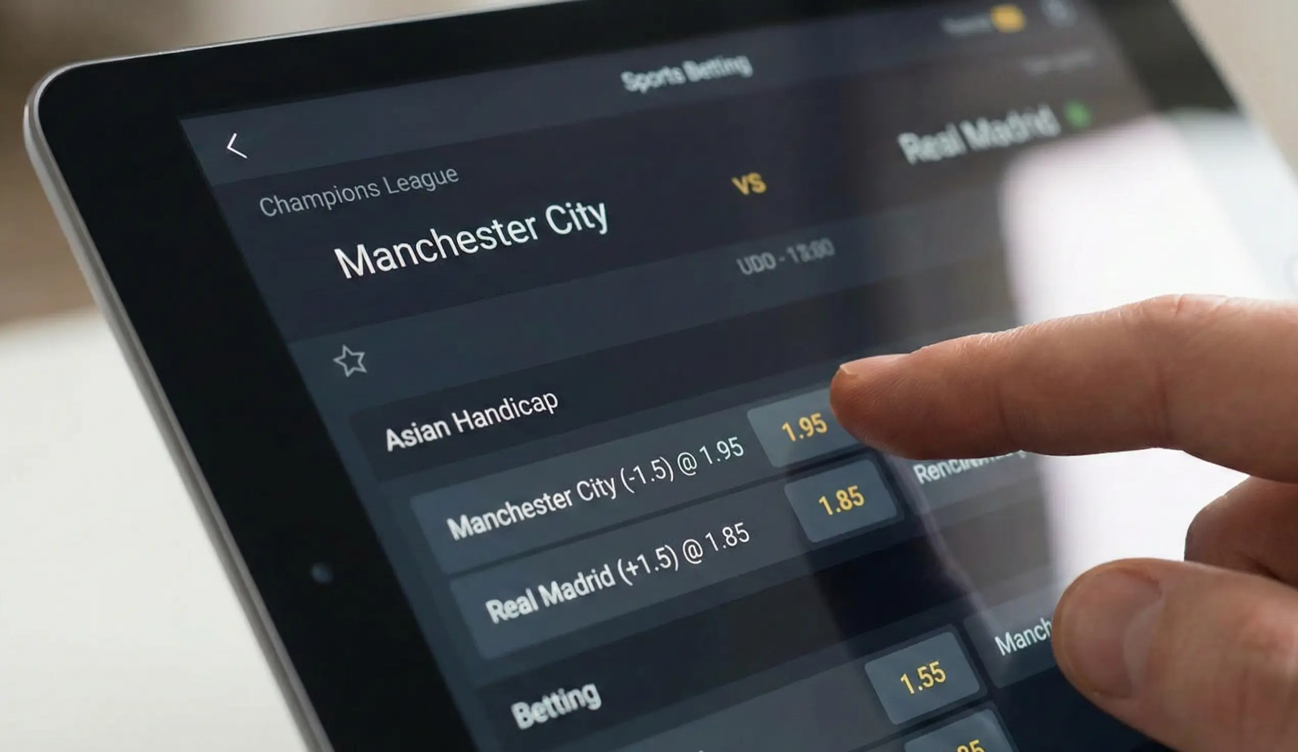 Sportsbook interface showing a football match with spread betting options displayed