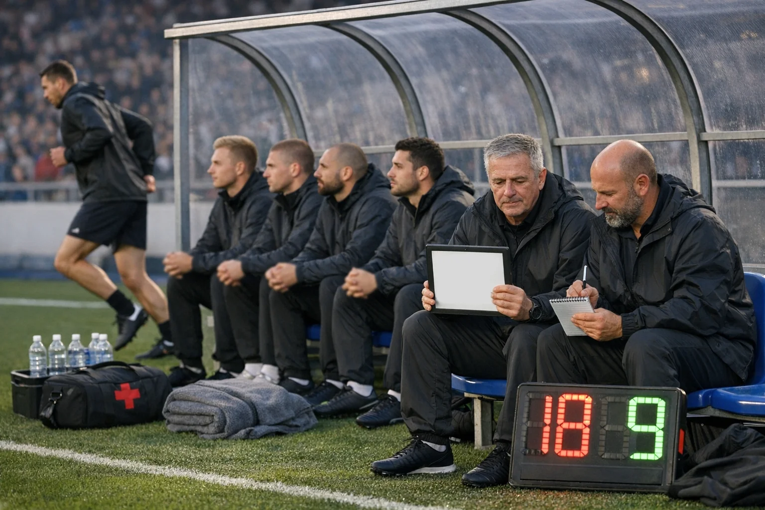 Football substitutes and coaching staff sitting on the bench during a professional match