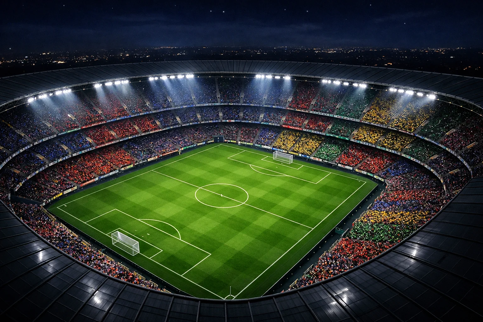 Professional football stadium at night with floodlights illuminating the pitch and packed stands of supporters