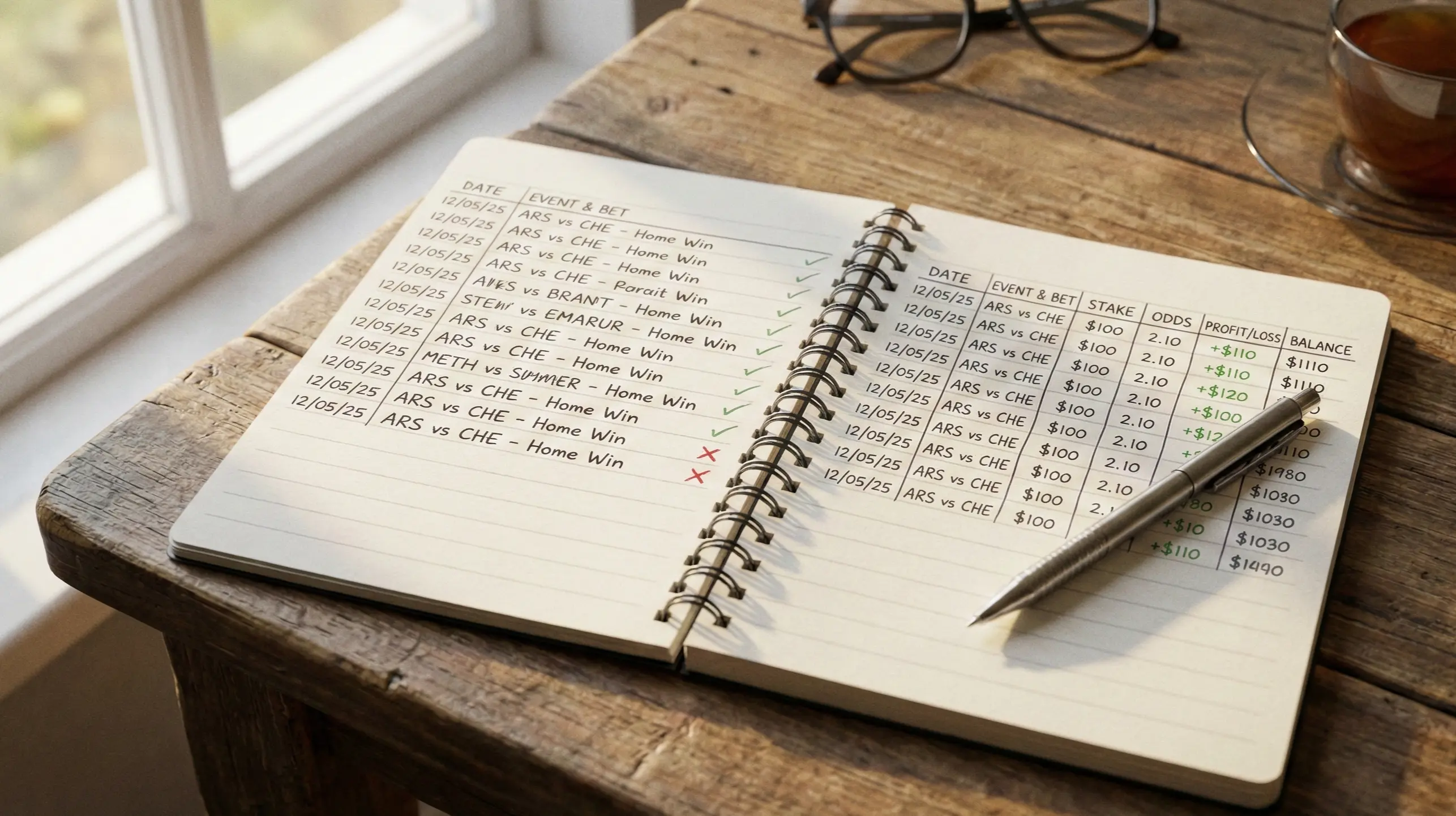 Open notebook ledger showing neatly organized columns of betting records with wins and losses tracked