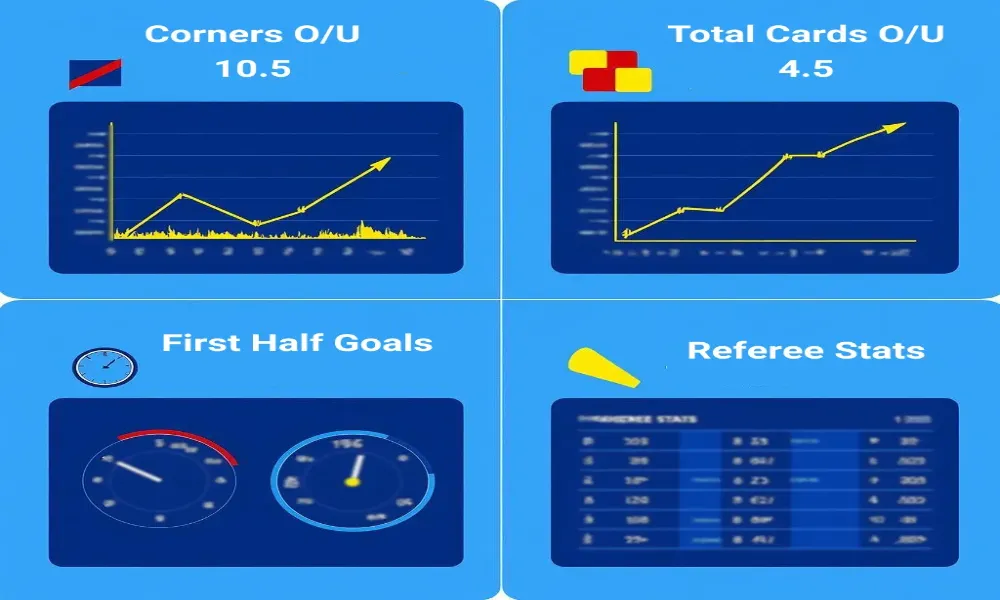 Statistical betting markets dashboard showing corners over under, total cards, first half goals, and referee statistics with charts and data visualization