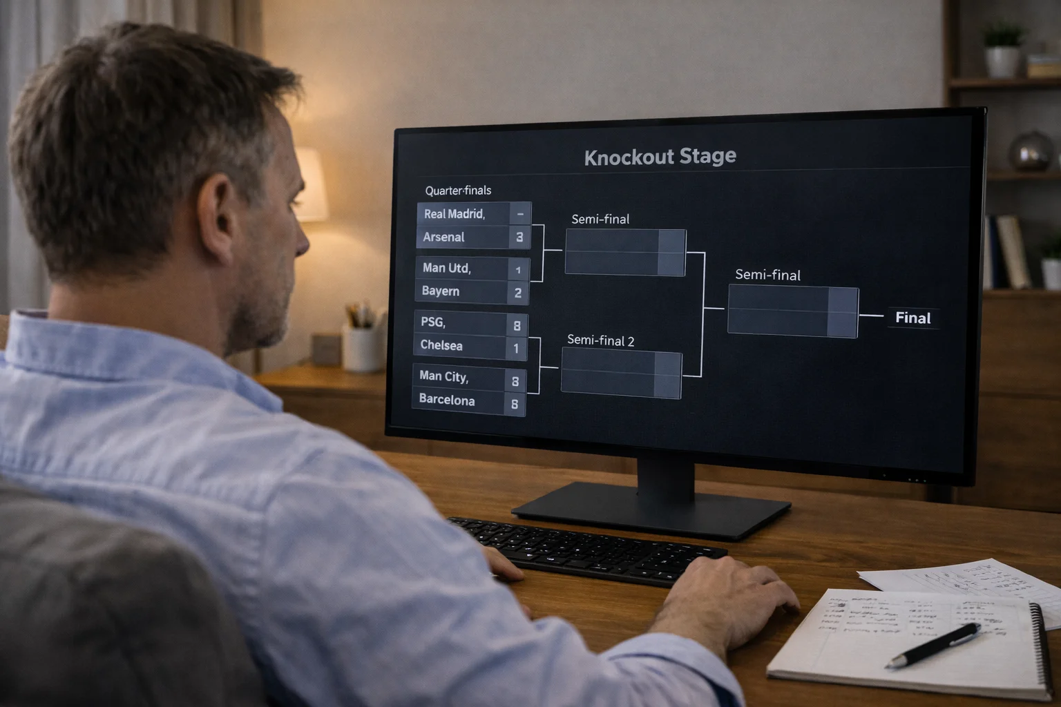 Person studying a tournament bracket on a computer screen
