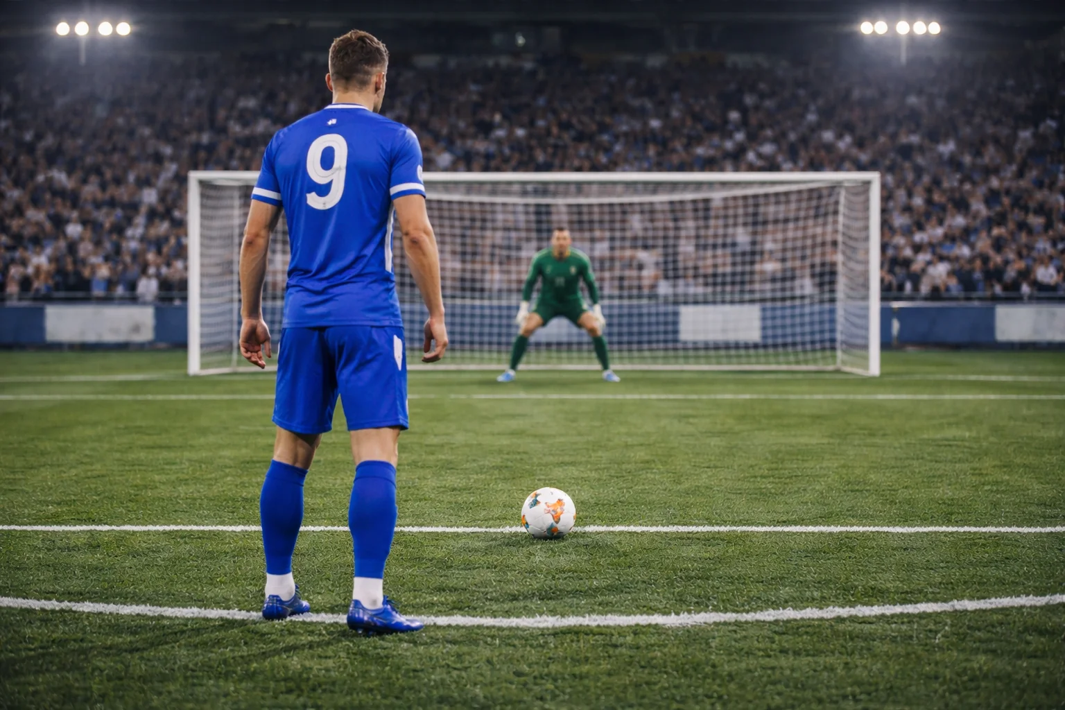 Football striker preparing to take a penalty kick in a stadium