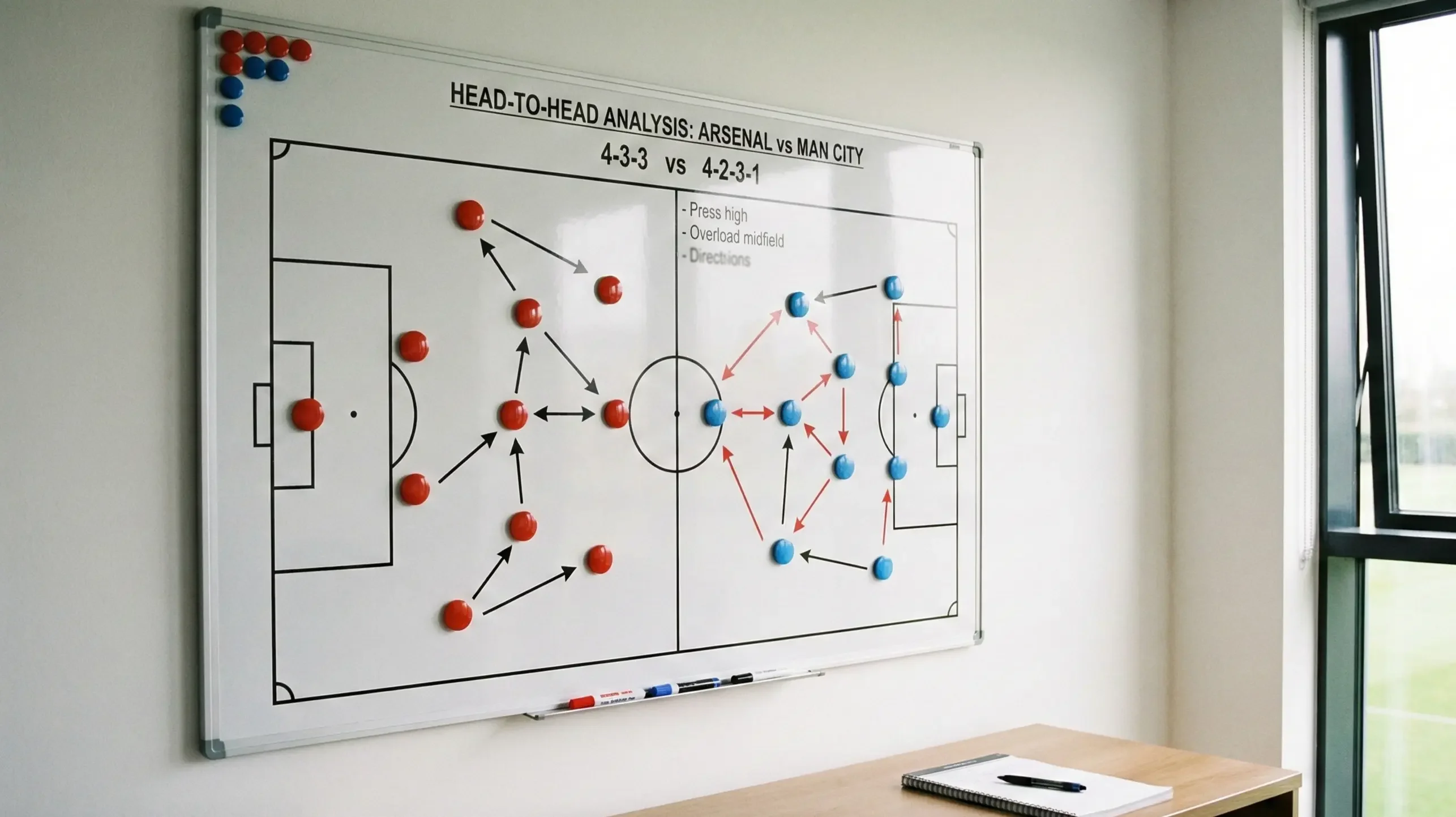 Football tactical board with magnetic pieces showing team formations in a professional coaching room