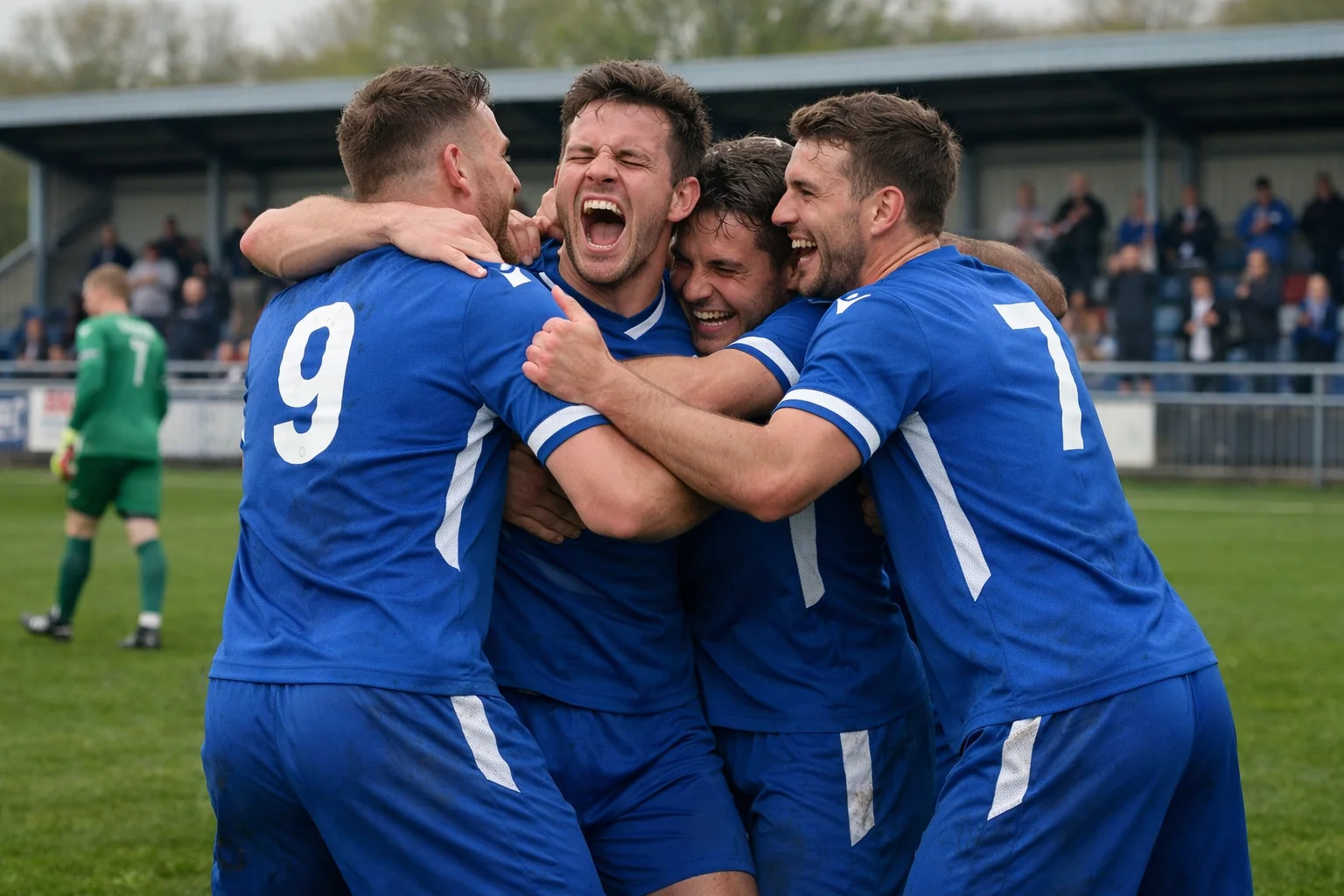 Football players from a smaller club celebrating a goal together on the pitch