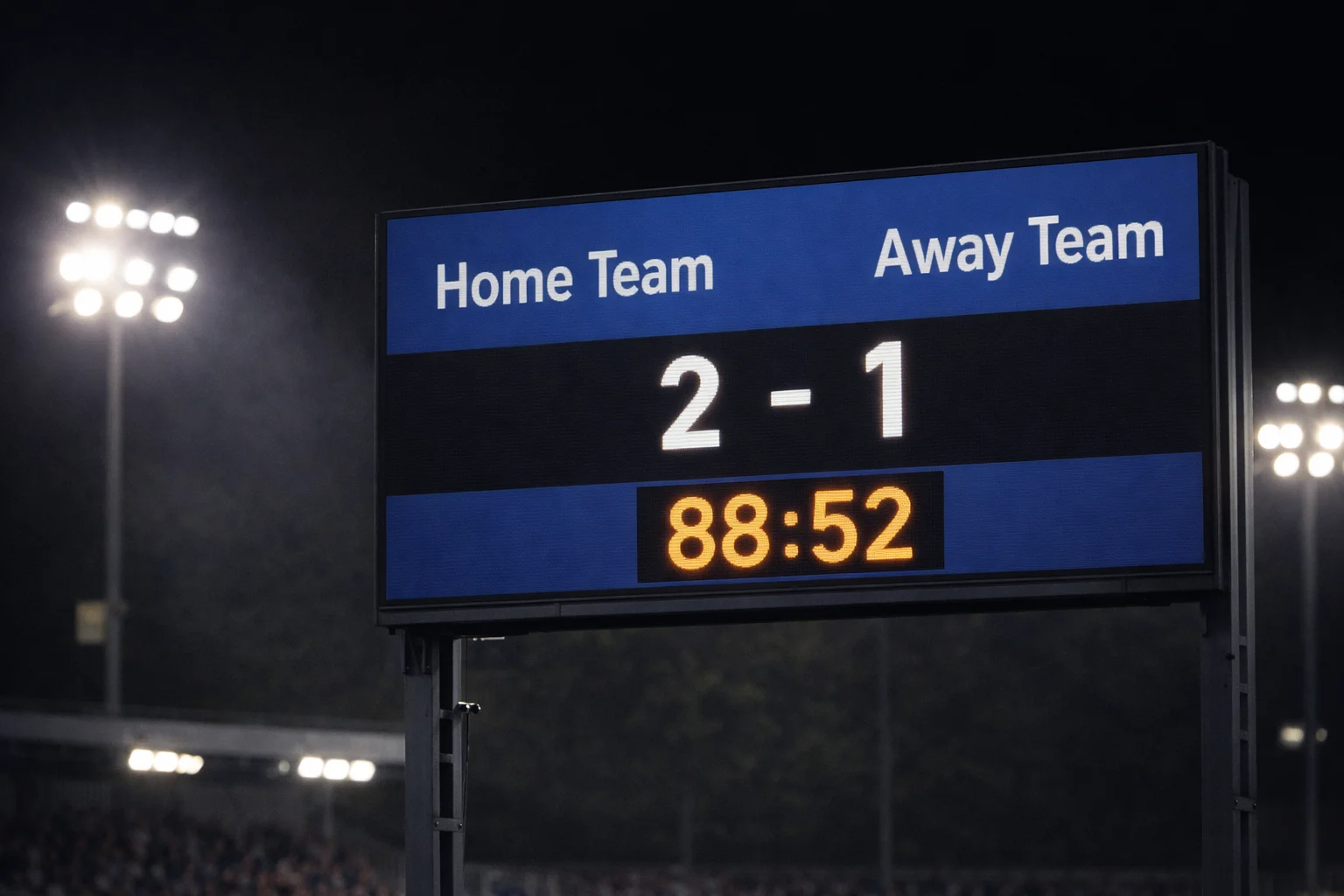 Football match scoreboard showing a close score with time running