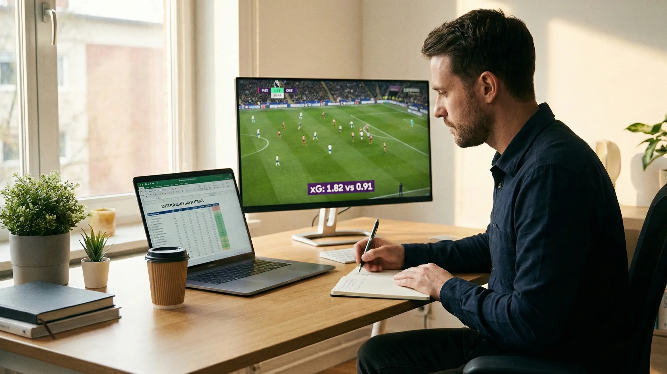 Football analyst reviewing match footage alongside statistical data on laptop